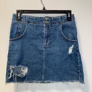 Free People Mini Skirt, Distressed, Buckle Back Denim Jean Raw Hem Casual Blue